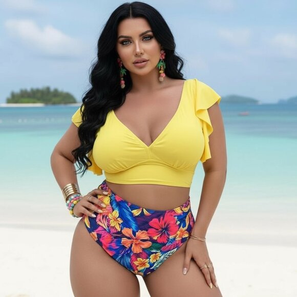 🆕 Vibrant Plus Size Boho Tankini Set 1XL Ruffle Sleeves Tropical Print Swimwear - Picture 1 of 13